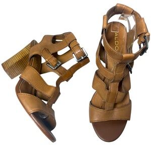 Aldo Strappy Gladiator Stacked Block Heel Leather Sandals Cognac Sz 9
